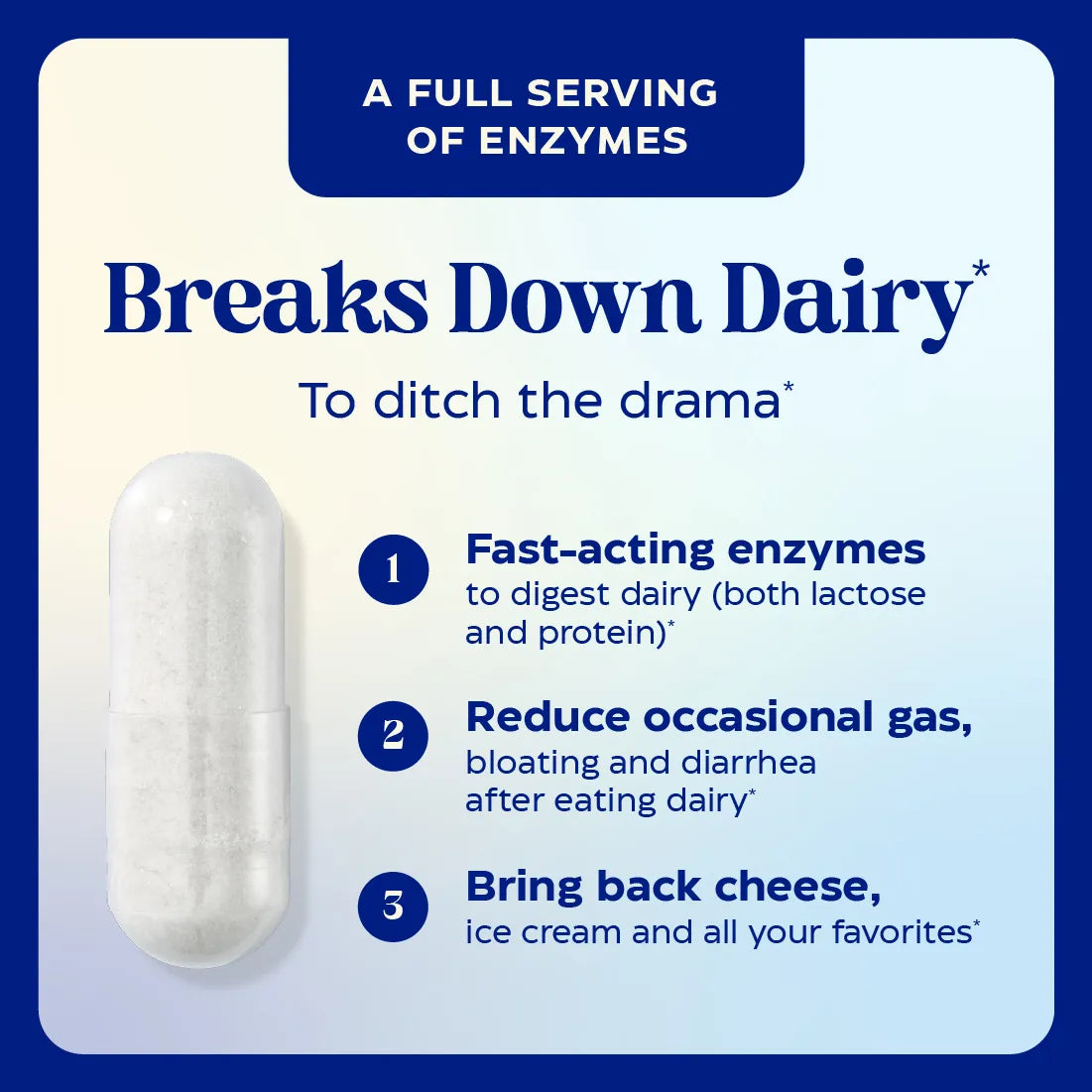 Product packaging with text about enzymes breaking down dairy and its benefits.