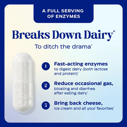 Product packaging with text about enzymes breaking down dairy and its benefits.