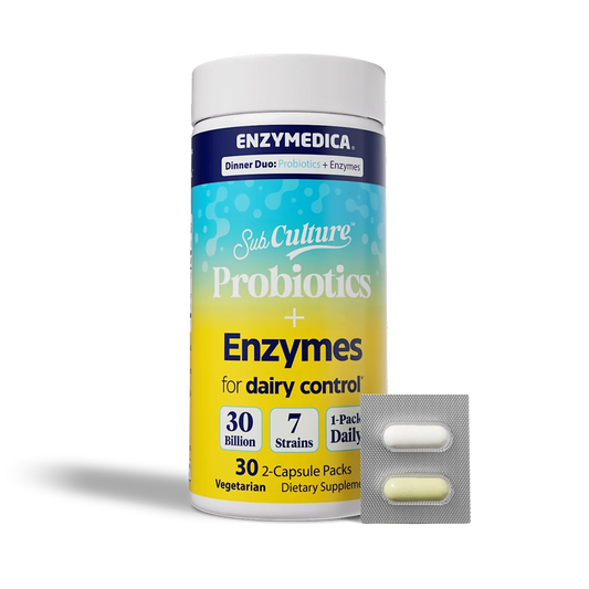 Enzymedica SubCulture probiotics and enzymes for dairy control supplement container with a white background