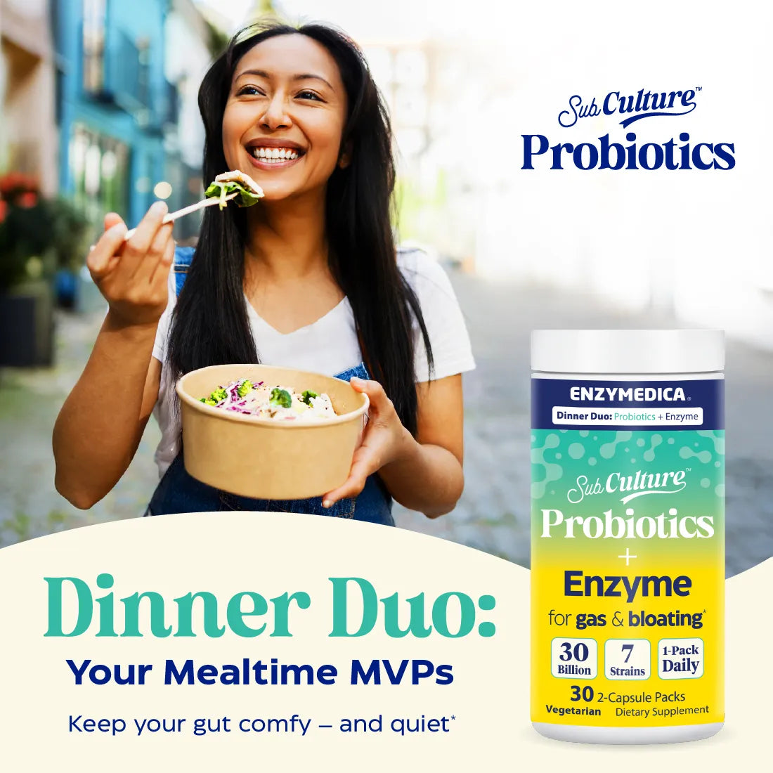 Woman eating a salad with probiotics and enzymes packaging displayed.