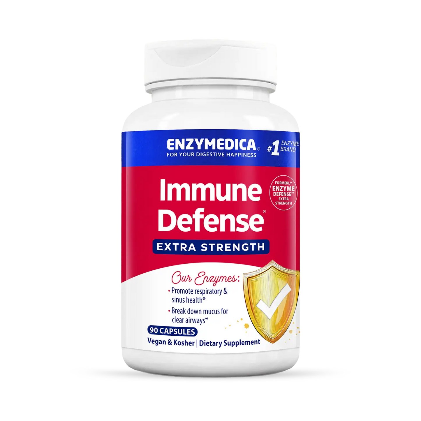A bottle of Enzymedica Immune Defense Extra Strength dietary supplement, which is designed to support immune, respiratory, and sinus health.