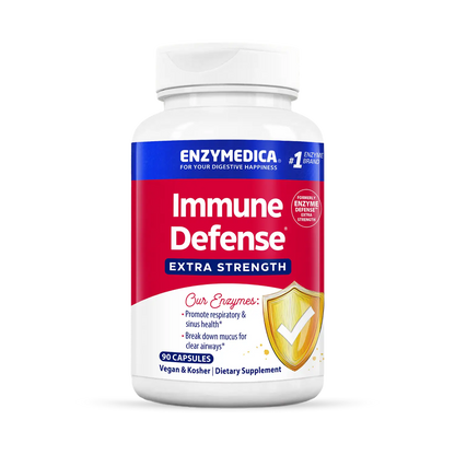 A bottle of Enzymedica Immune Defense Extra Strength dietary supplement, which is designed to support immune, respiratory, and sinus health.