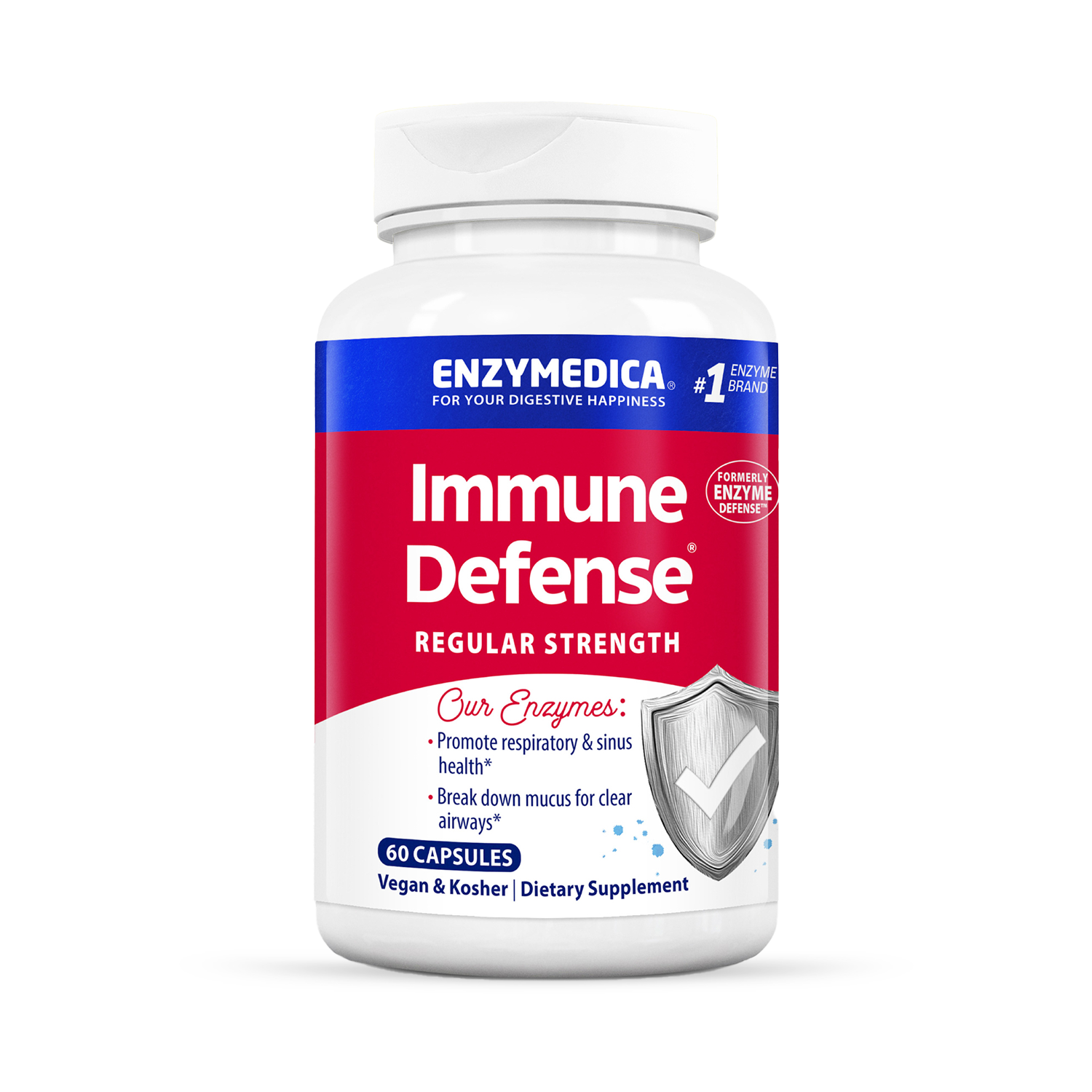 A bottle of Enzymedica Immune Defense Regular Strength dietary supplement with 120 capsules, predominantly white and blue in color, with additional branding and product information.