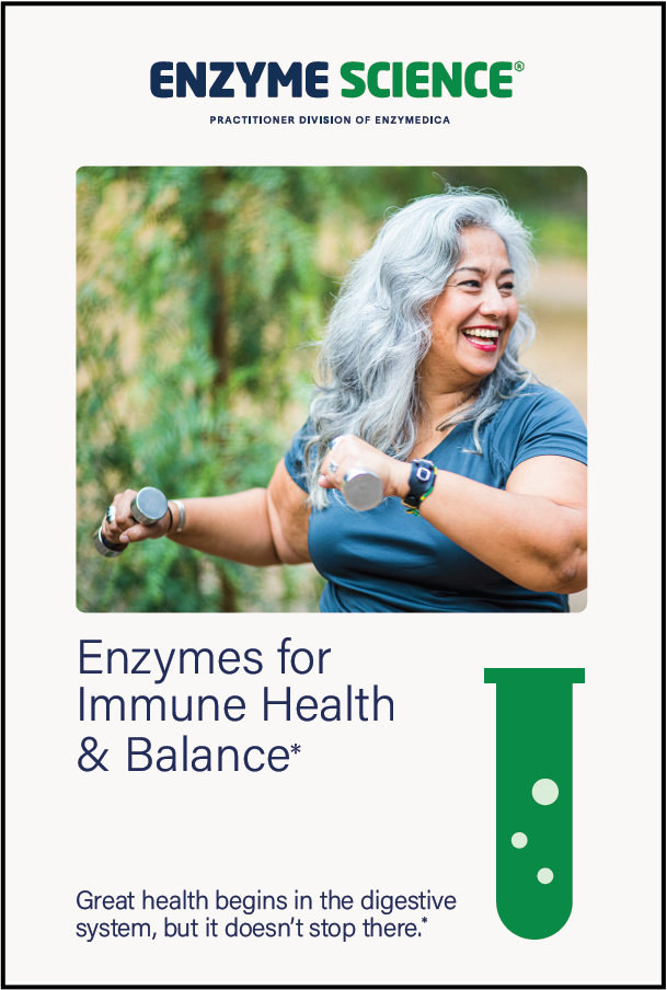 Advertisement for Enzyme Science with a woman exercising outdoors, featuring the brand logo and text about enzymes for immune health.