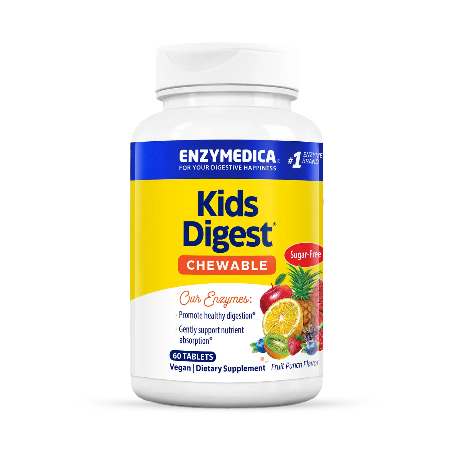 A bottle of Enzymedica Kids Digest chewable tablets in fruit punch flavor, sugar-free, sweetened with natural xylitol.