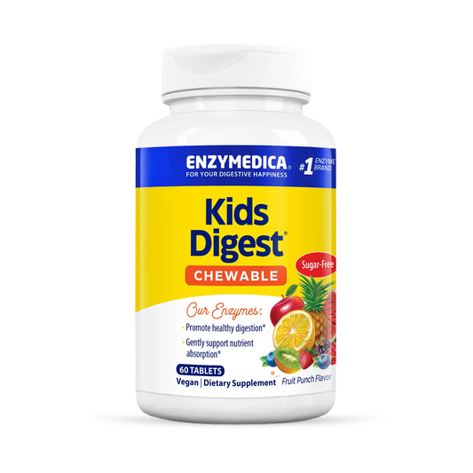 A bottle of Enzymedica Kids Digest chewable tablets in fruit punch flavor, sugar-free, sweetened with natural xylitol.