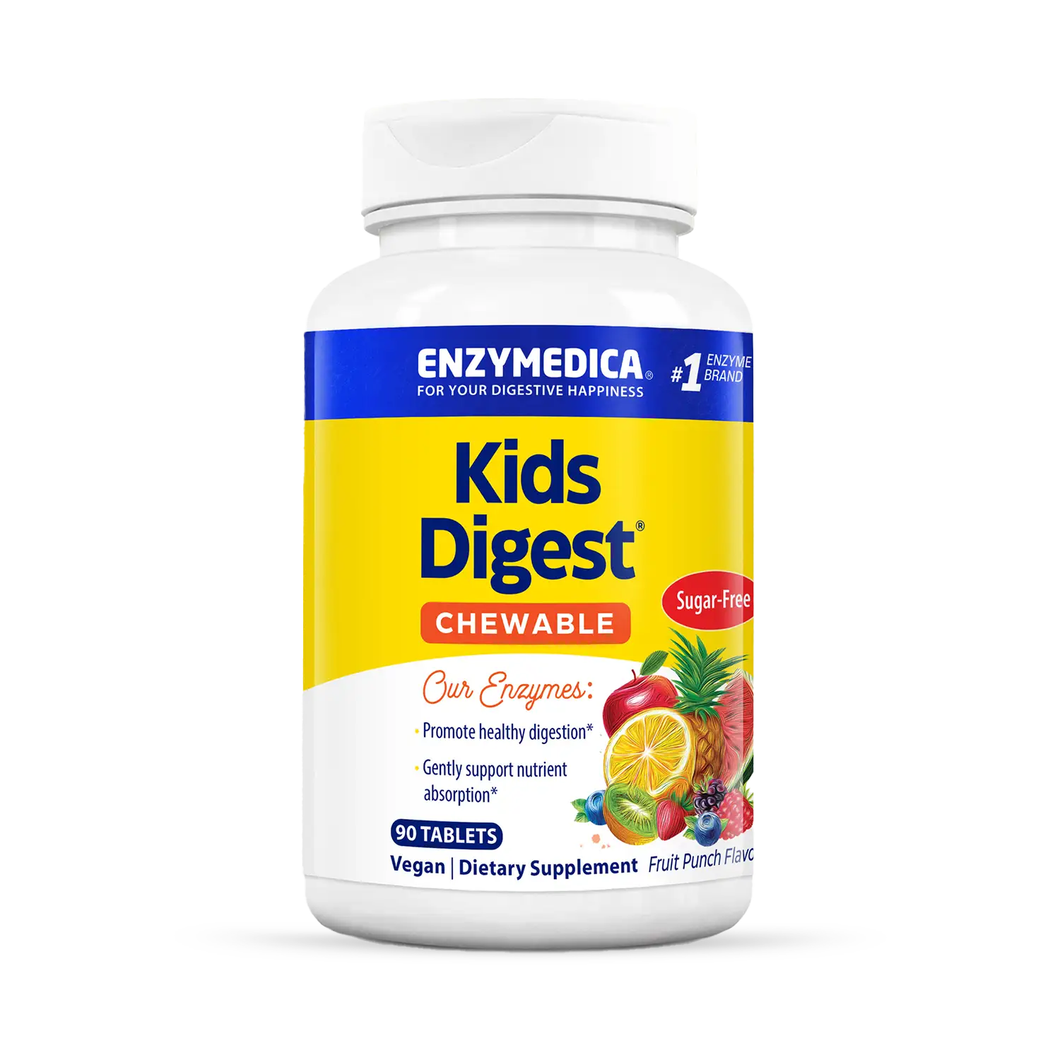 A bottle of Enzymedica Kids Digest chewable tablets in fruit punch flavor, sugar-free, sweetened with natural xylitol.