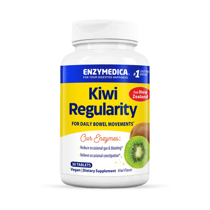 A bottle of Enzymedica Kiwi Regularity chews with a label showing a kiwifruit and text indicating the product is for daily bowel movements, with 90 tablets inside.