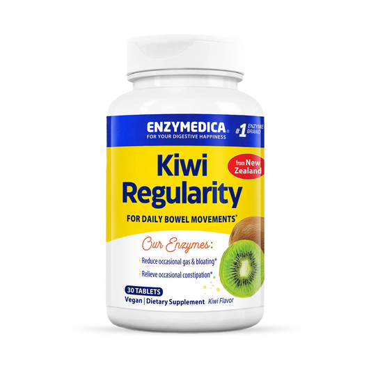 A bottle of Enzymedica Kiwi Regularity chews with a label showing a kiwifruit and text indicating the product is for daily bowel movements, with 90 tablets inside.