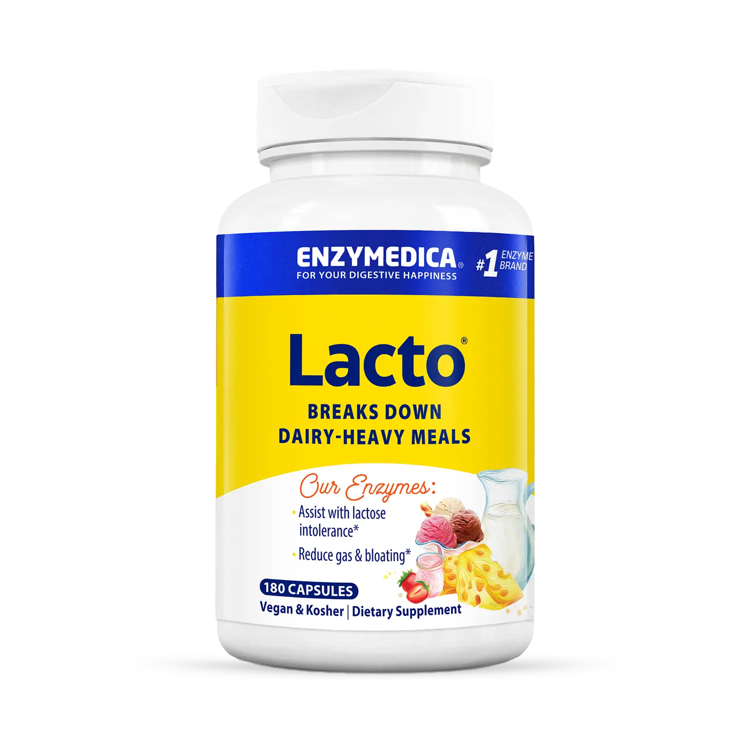 A bottle of Enzymedica Lacto dietary supplement, which is designed to aid in the digestion of dairy products.