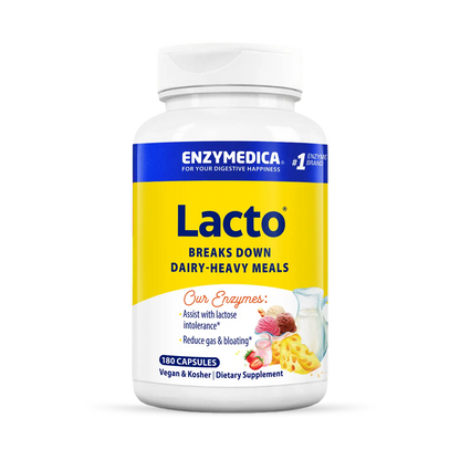A bottle of Enzymedica Lacto dietary supplement, which is designed to aid in the digestion of dairy products.
