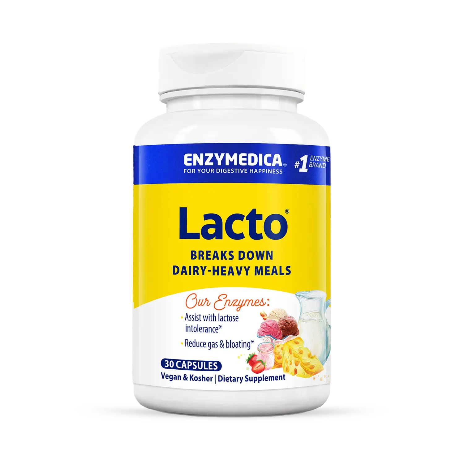 A bottle of Enzymedica Lacto dietary supplement, which is designed to aid in the digestion of dairy products.