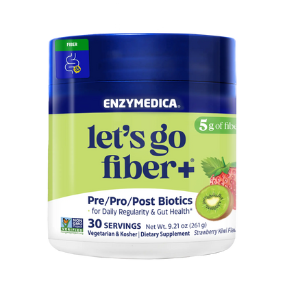 Enzymedica 'let's go fiber+' supplement container on a white background