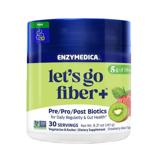 Enzymedica 'let's go fiber+' supplement container on a white background