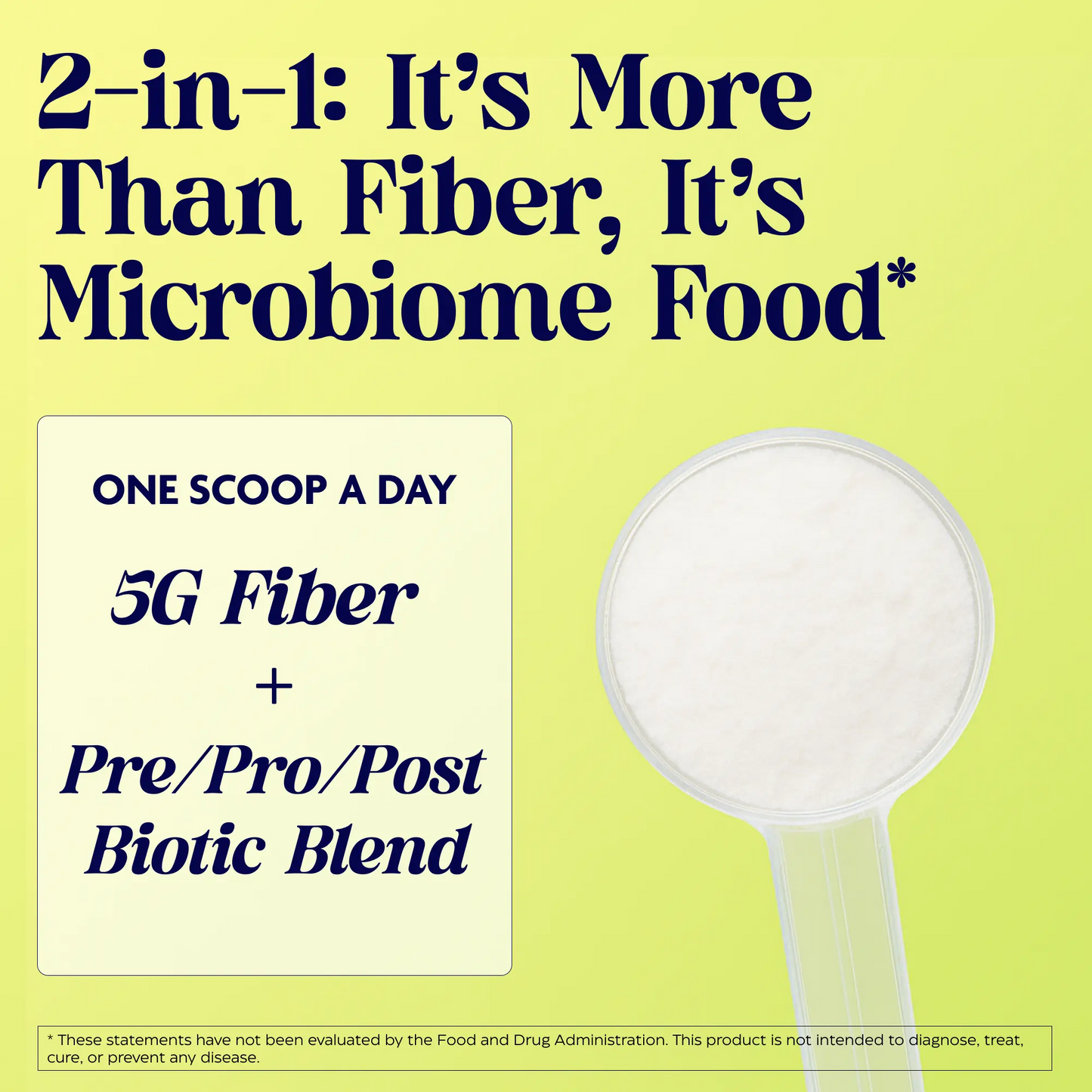 Product packaging with text about fiber and microbiome food on a yellow background