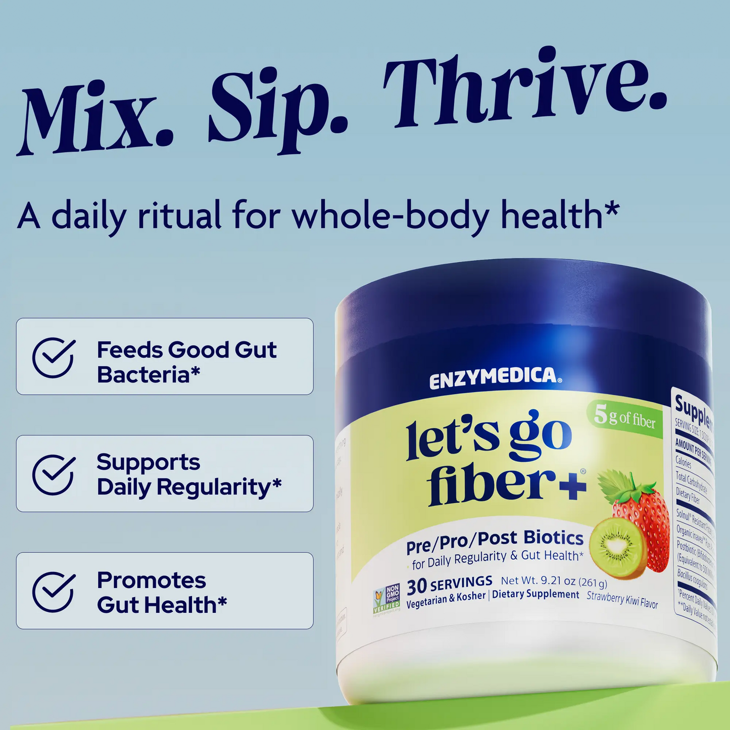 Enzymedica 'let's go fiber+' supplement container with promotional text on a blue background