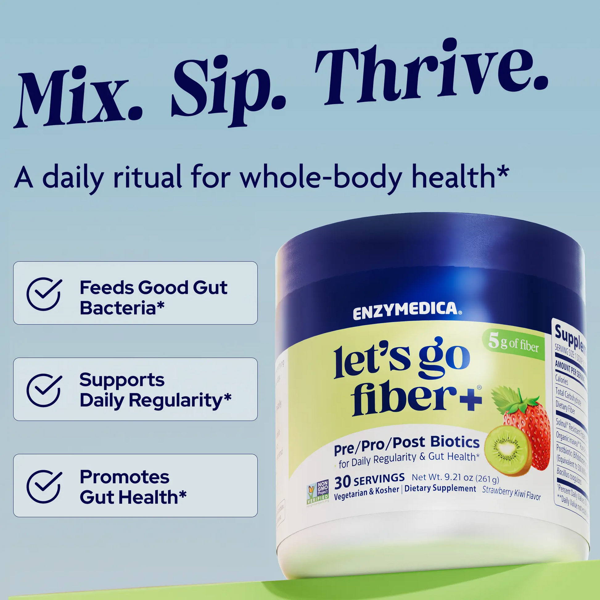 Enzymedica 'let's go fiber+' supplement container with promotional text on a blue background