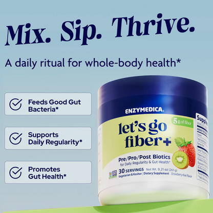Enzymedica 'let's go fiber+' supplement container with promotional text on a blue background
