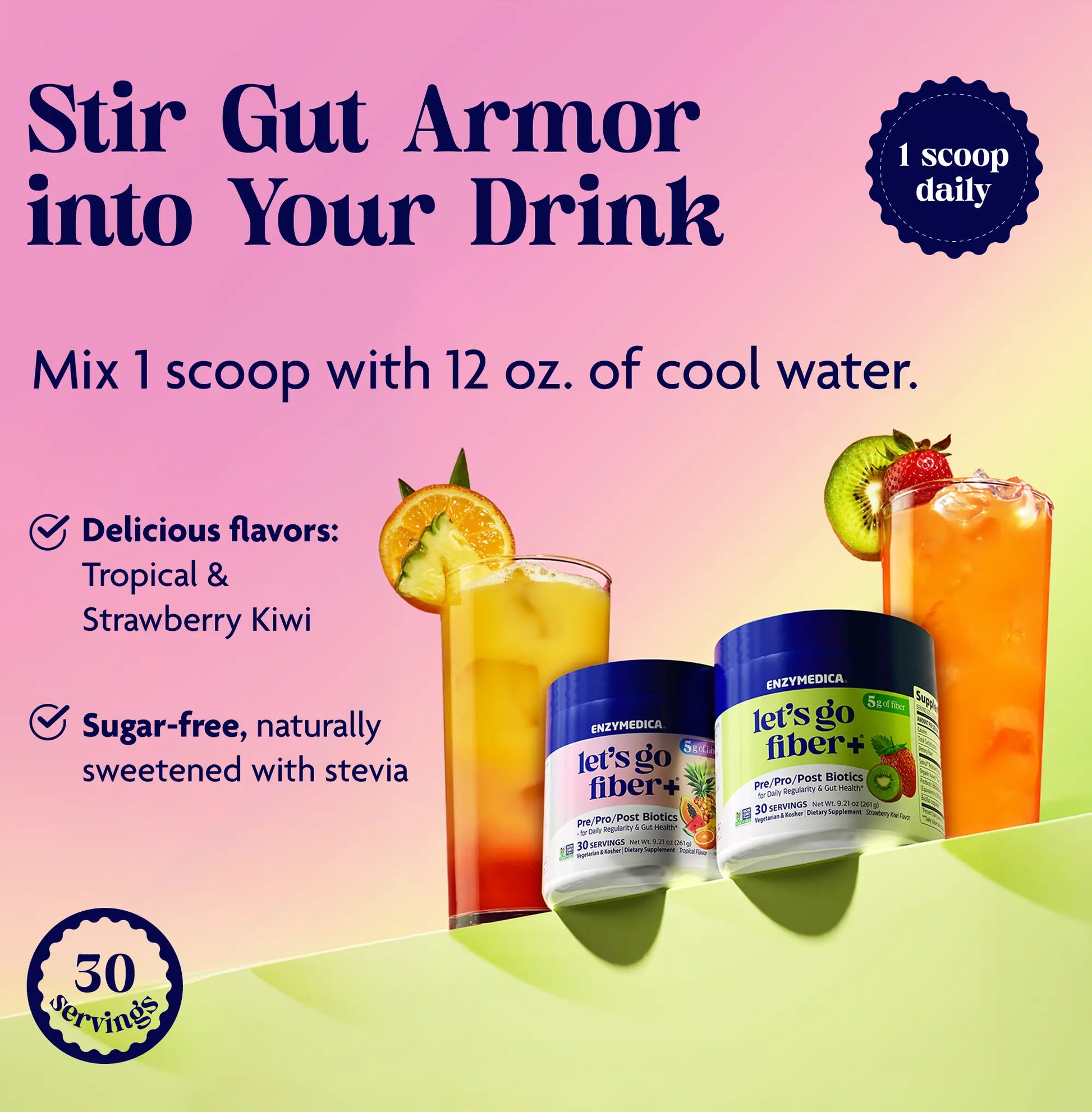 Advertisement for Stir Gut Armor with drinks and product containers on a colorful background