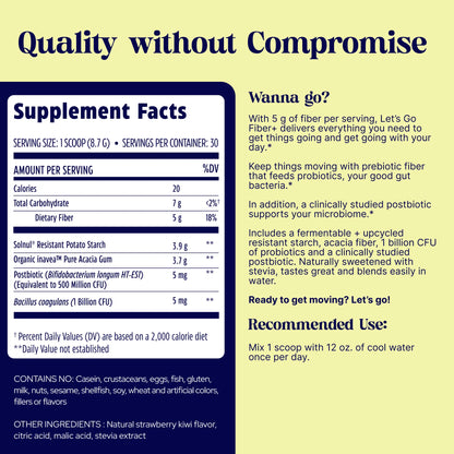 Supplement facts label with a promotional message on a yellow background for Lets Go Fiber Strawberry Kiwi