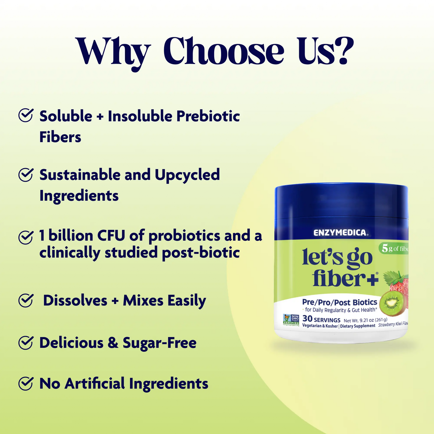 Enzymedica 'let's go fiber+' supplement jar with text highlighting features on a light green background