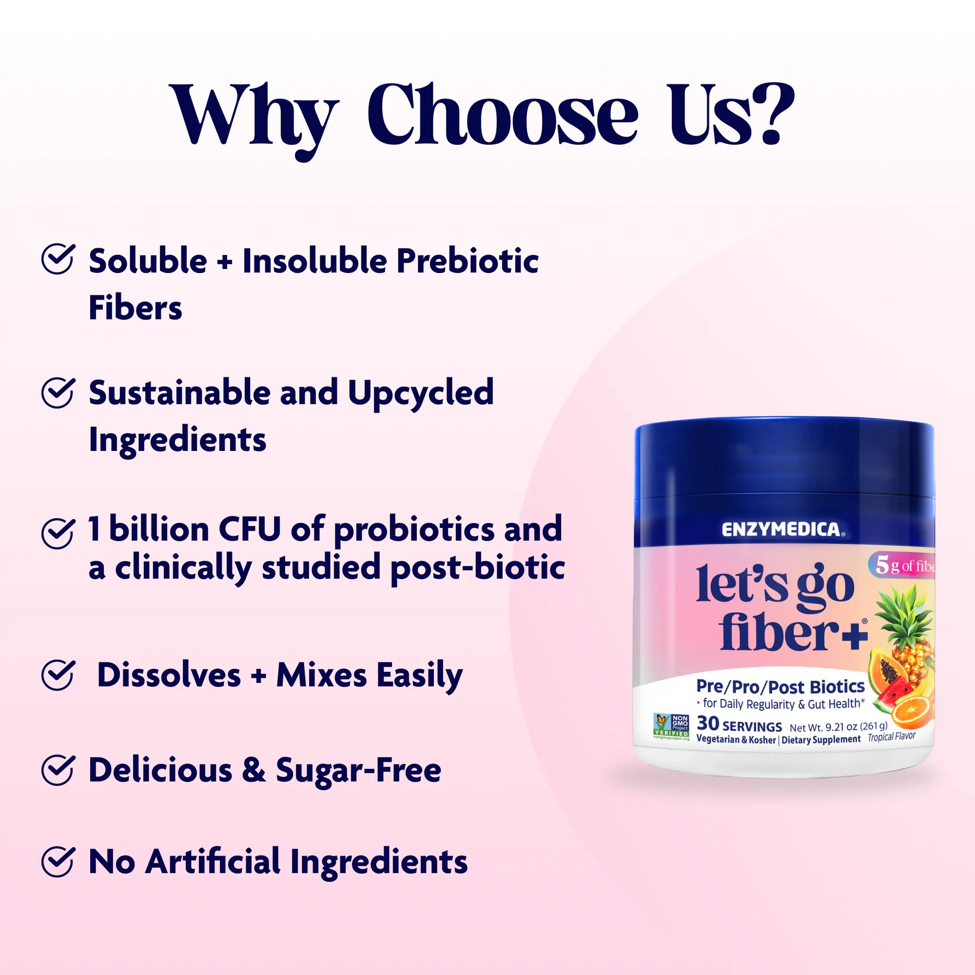 Enzymedica 'let's go fiber+' supplement container with promotional text on a pink background
