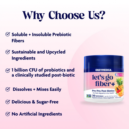 Enzymedica 'let's go fiber+' supplement container with promotional text on a pink background