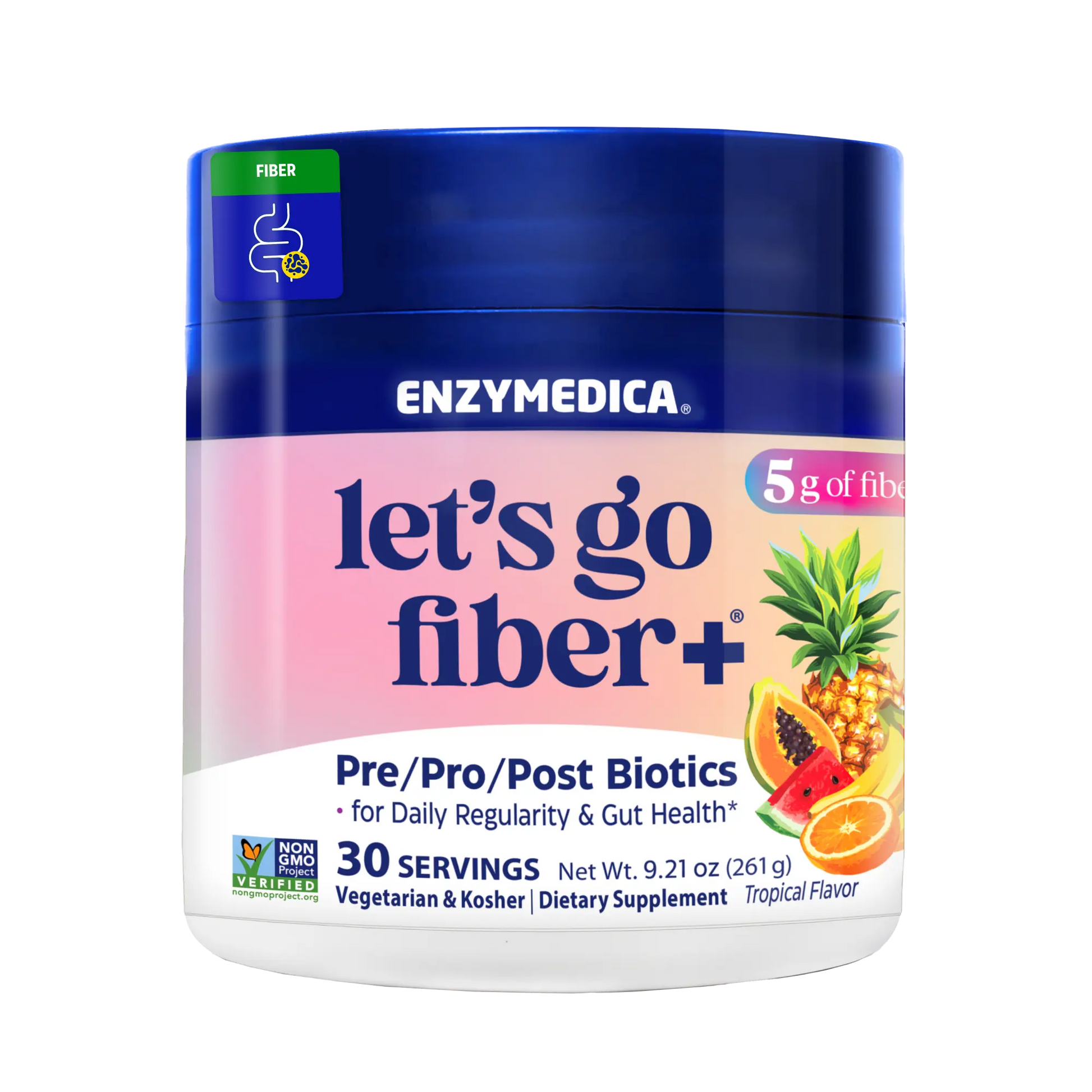 Enzymedica 'let's go fiber+' supplement container on a white background