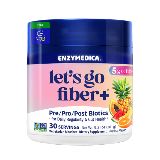 Enzymedica 'let's go fiber+' supplement container on a white background
