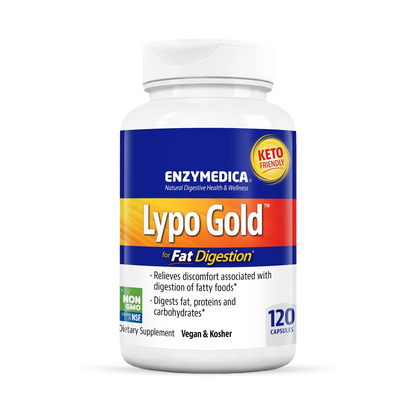 A bottle of Enzymedica Lypo Gold, a dietary supplement for fat digestion, with blue and orange label, 240 capsules.