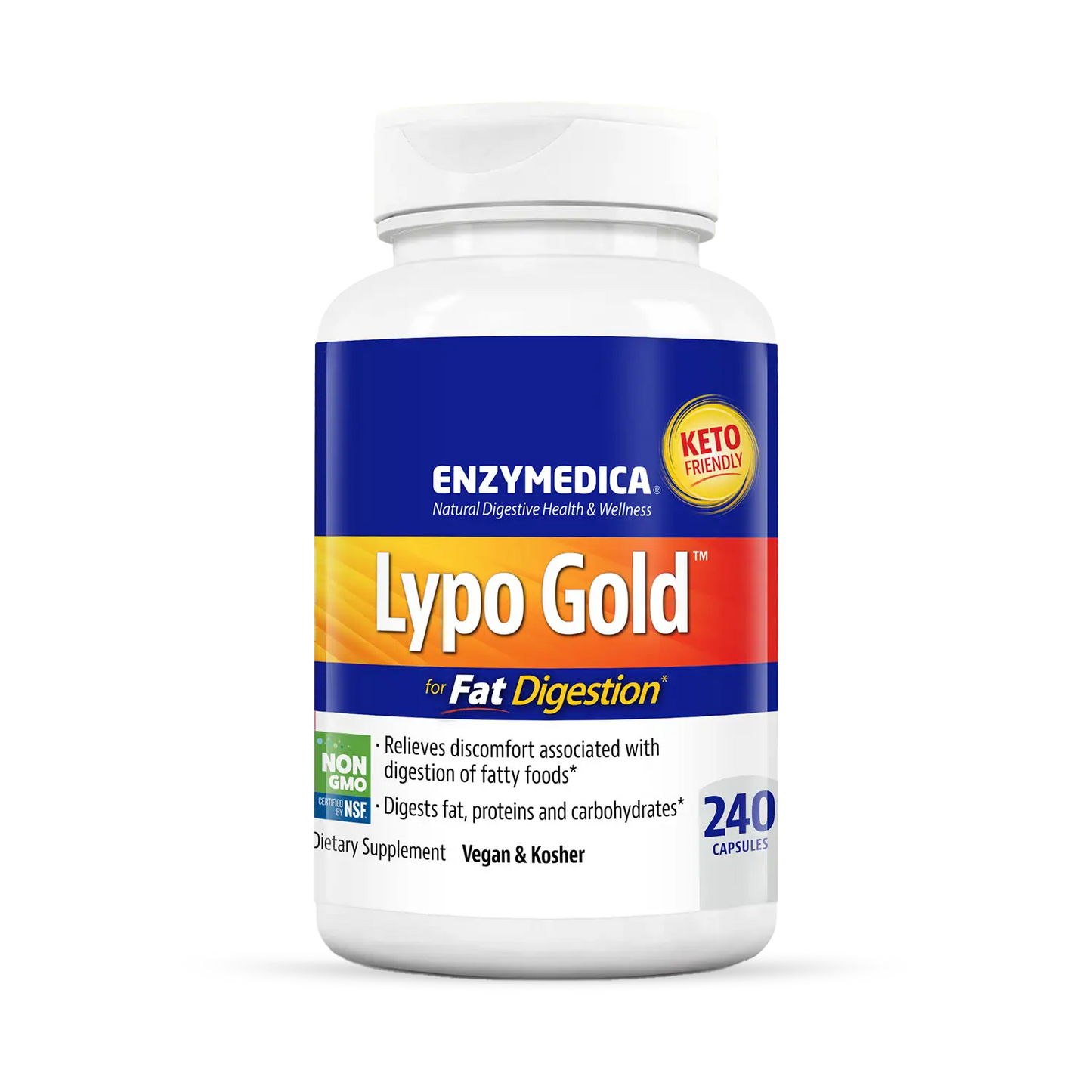 A bottle of Enzymedica Lypo Gold, a dietary supplement for fat digestion, with blue and orange label, 240 capsules.
