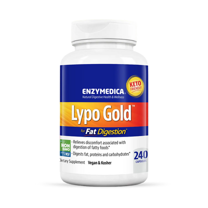 A bottle of Enzymedica Lypo Gold, a dietary supplement for fat digestion, with blue and orange label, 240 capsules.