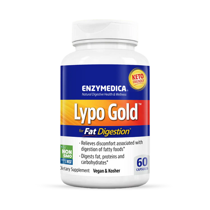 A bottle of Enzymedica Lypo Gold, a dietary supplement for fat digestion, with blue and orange label, 240 capsules.