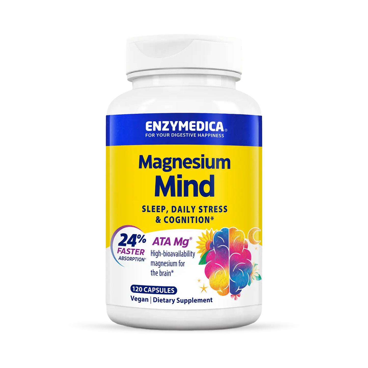 A bottle of Enzymedica Magnesium Mind dietary supplement, which is designed to support sleep, daily stress, and cognition.