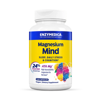 A bottle of Enzymedica Magnesium Mind dietary supplement, which is designed to support sleep, daily stress, and cognition.