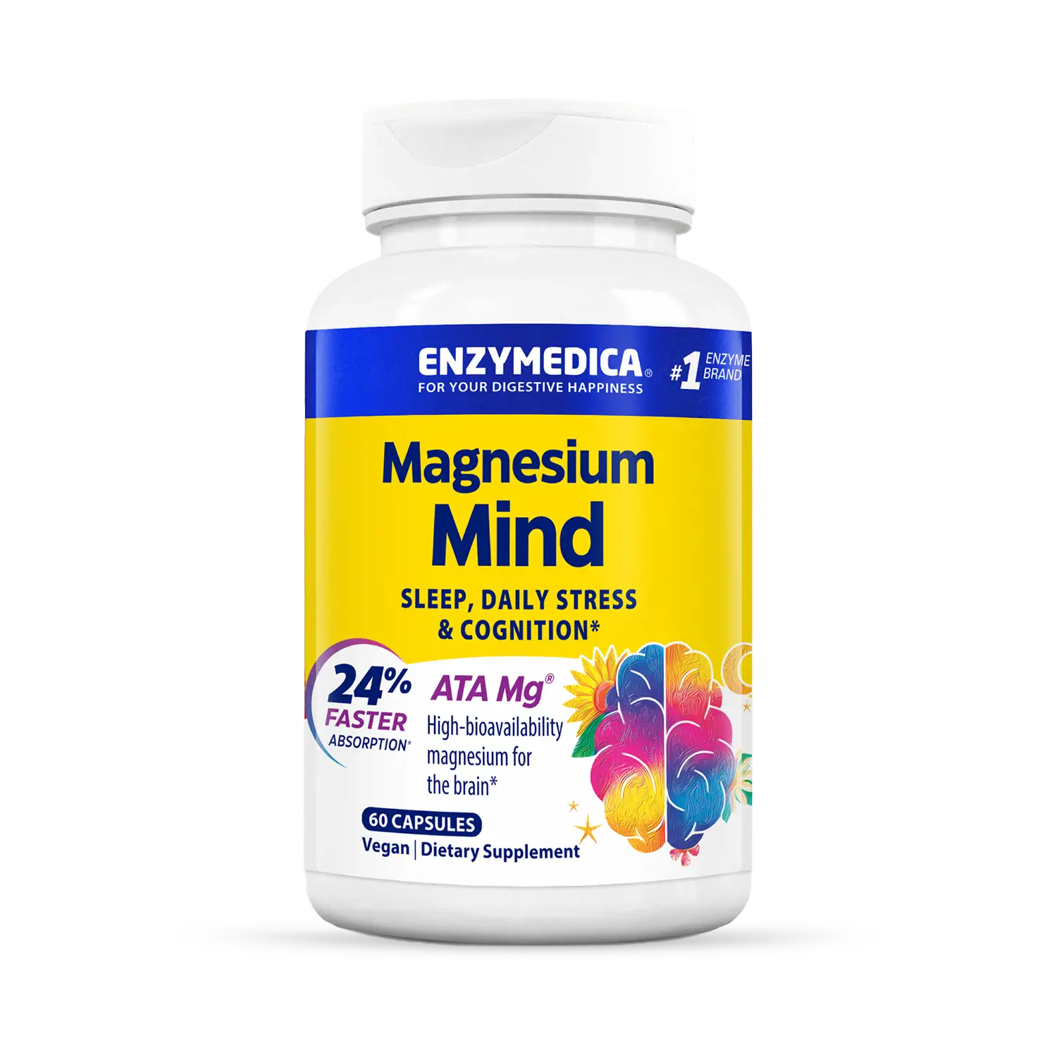 A bottle of Enzymedica Magnesium Mind dietary supplement, which is designed to support sleep, daily stress, and cognition.
