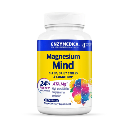 A bottle of Enzymedica Magnesium Mind dietary supplement, which is designed to support sleep, daily stress, and cognition.