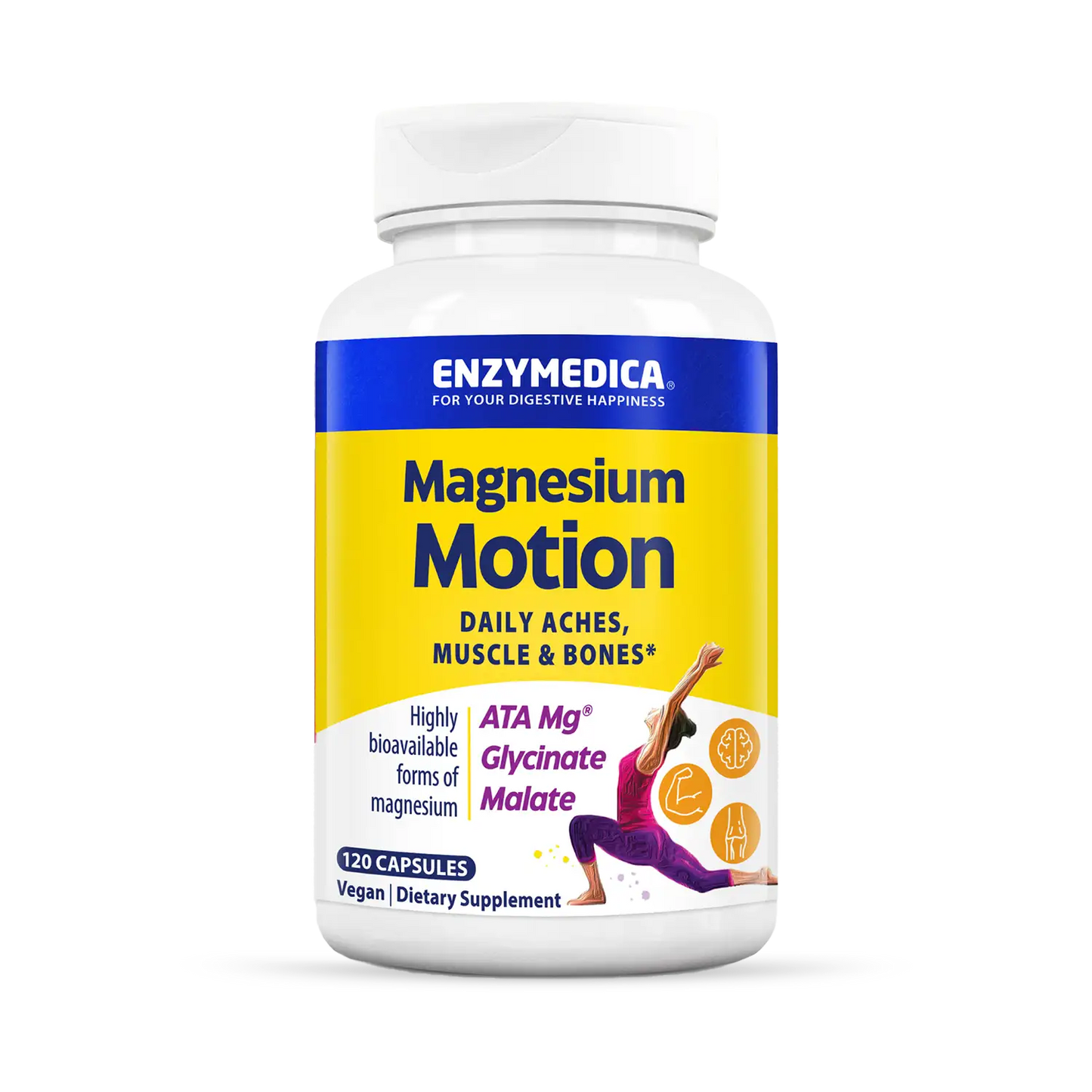 A bottle of Enzymedica Magnesium Motion dietary supplement, which contains highly bioavailable forms of magnesium for daily aches and support of muscle and bones.
