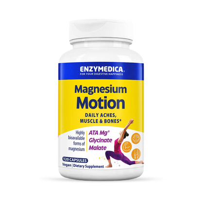 A bottle of Enzymedica Magnesium Motion dietary supplement, which contains highly bioavailable forms of magnesium for daily aches and support of muscle and bones.