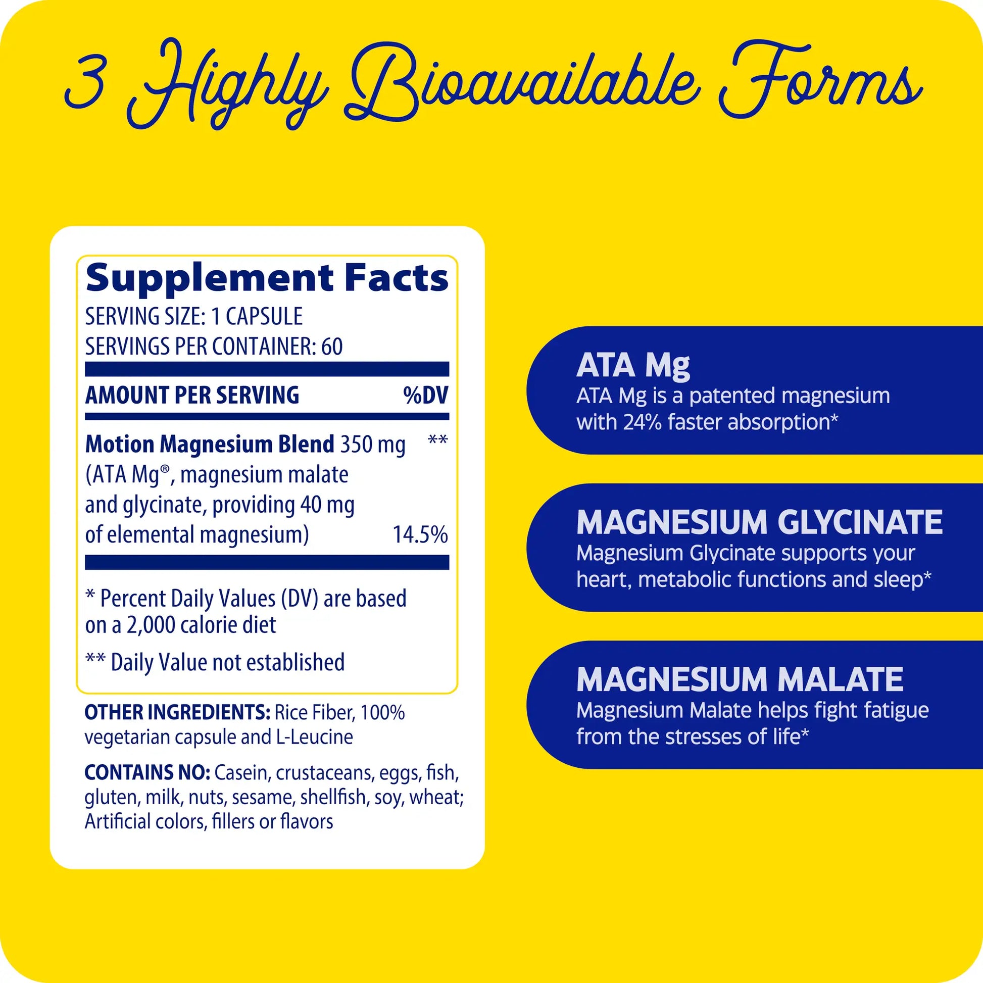 Supplement facts and 3 highly bioavailable forms for Magnesium Motion