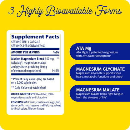 Supplement facts and 3 highly bioavailable forms for Magnesium Motion