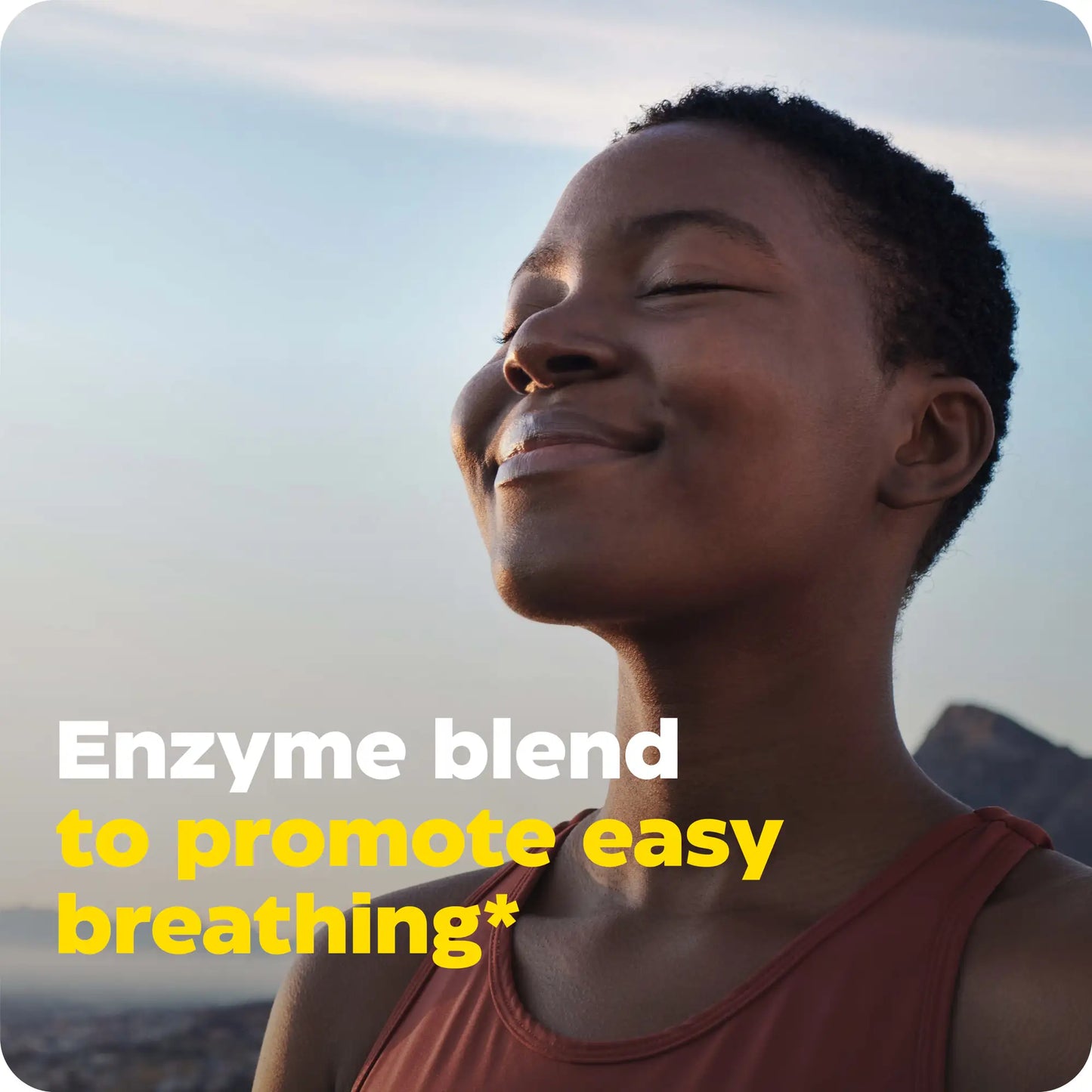 advertisement for muco stop, enzyme blend to promote easy breathing