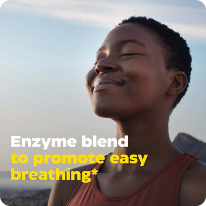 advertisement for muco stop, enzyme blend to promote easy breathing