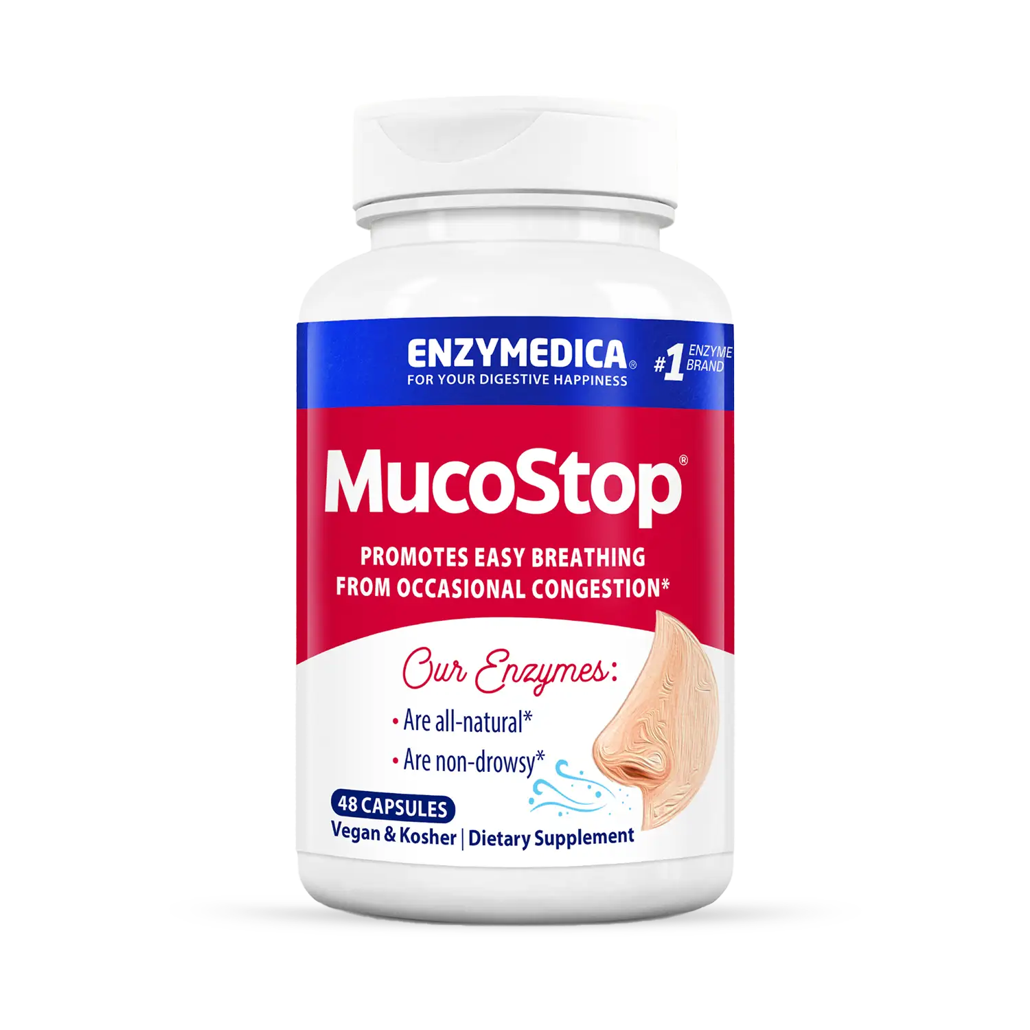 A bottle of Enzymedica MucoStop capsules, which is a dietary supplement for promoting easy breathing from occasional congestion.