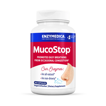 A bottle of Enzymedica MucoStop capsules, which is a dietary supplement for promoting easy breathing from occasional congestion.