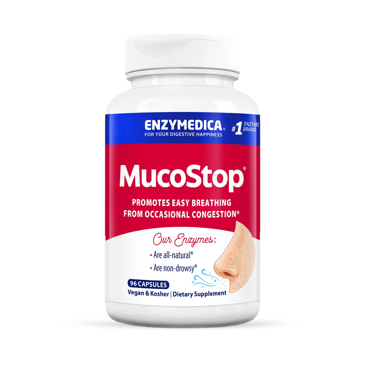 A bottle of Enzymedica MucoStop capsules, which is a dietary supplement for promoting easy breathing from occasional congestion.