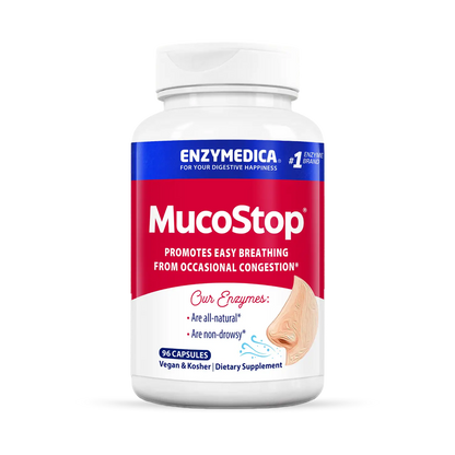 A bottle of Enzymedica MucoStop capsules, which is a dietary supplement for promoting easy breathing from occasional congestion.