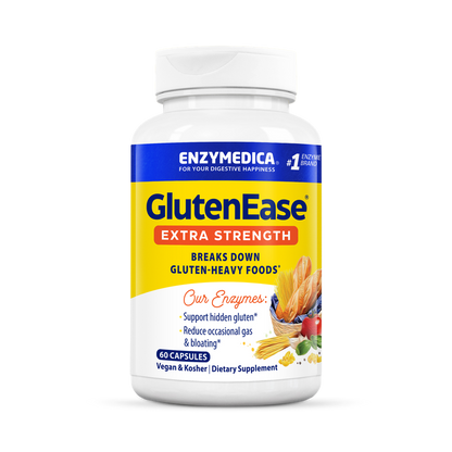 A bottle of Enzymedica GlutenEase Extra Strength dietary supplement, which is designed to aid digestion of gluten-heavy foods.