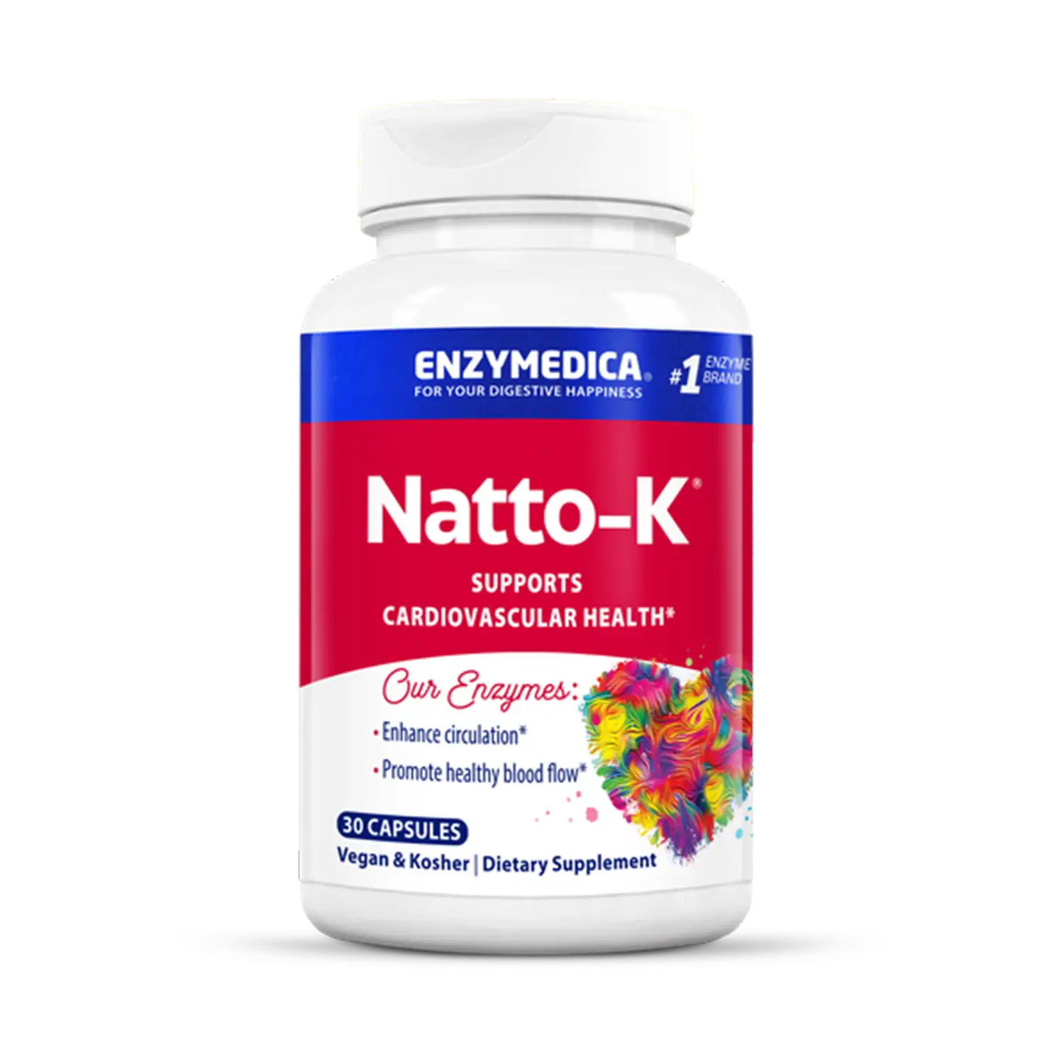 A bottle of Enzymedica Natto-K, a dietary supplement designed to support cardiovascular health, with 60 capsules inside. The packaging is predominantly white with red and blue accents and features a floral design.