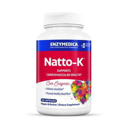 A bottle of Enzymedica Natto-K, a dietary supplement designed to support cardiovascular health, with 60 capsules inside. The packaging is predominantly white with red and blue accents and features a floral design.